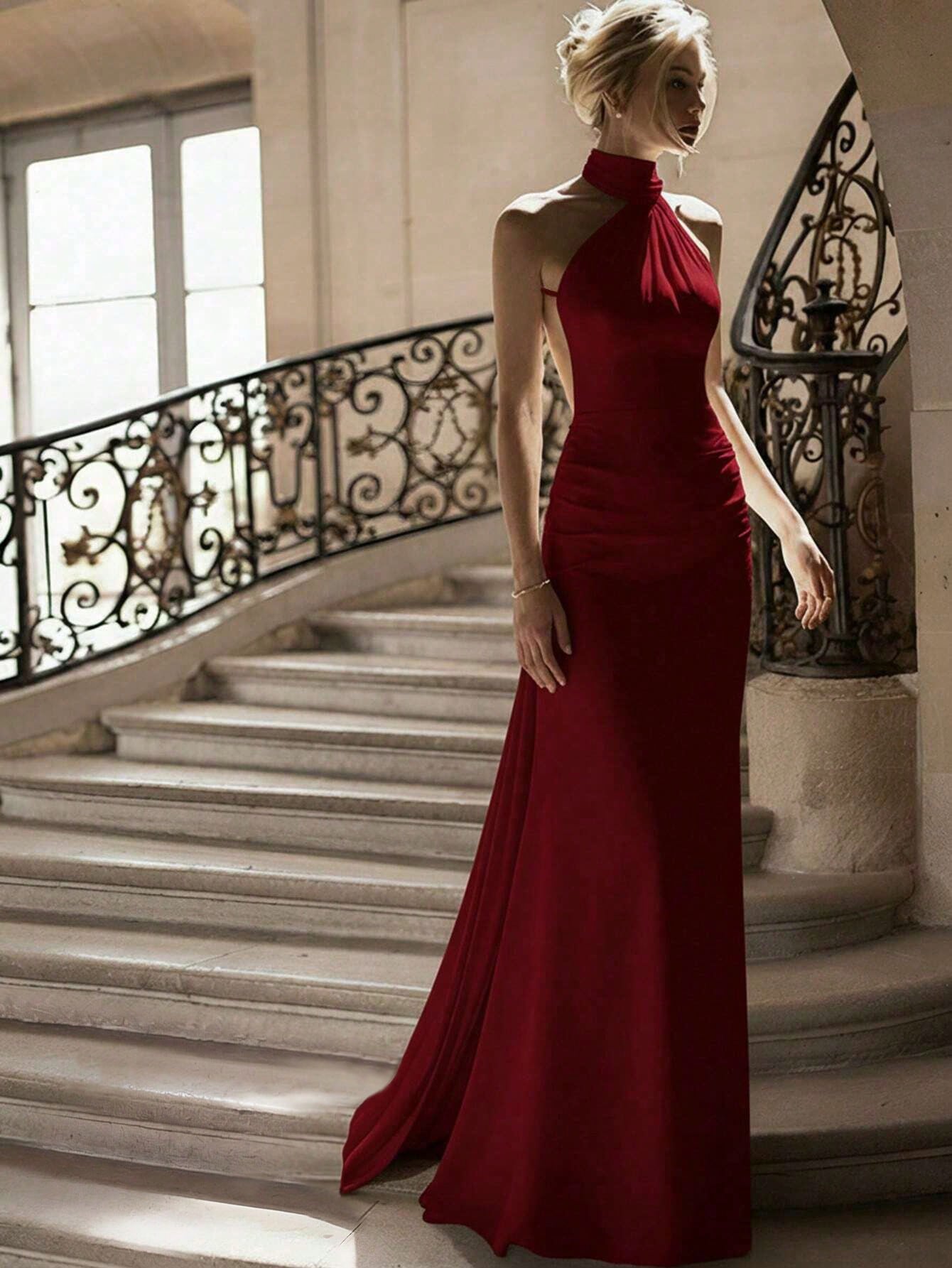 Basrey New Elegant Red Solid Color Halter Neck Button High Waist Satin Backless Cinched Waist Party Maxi - image 13