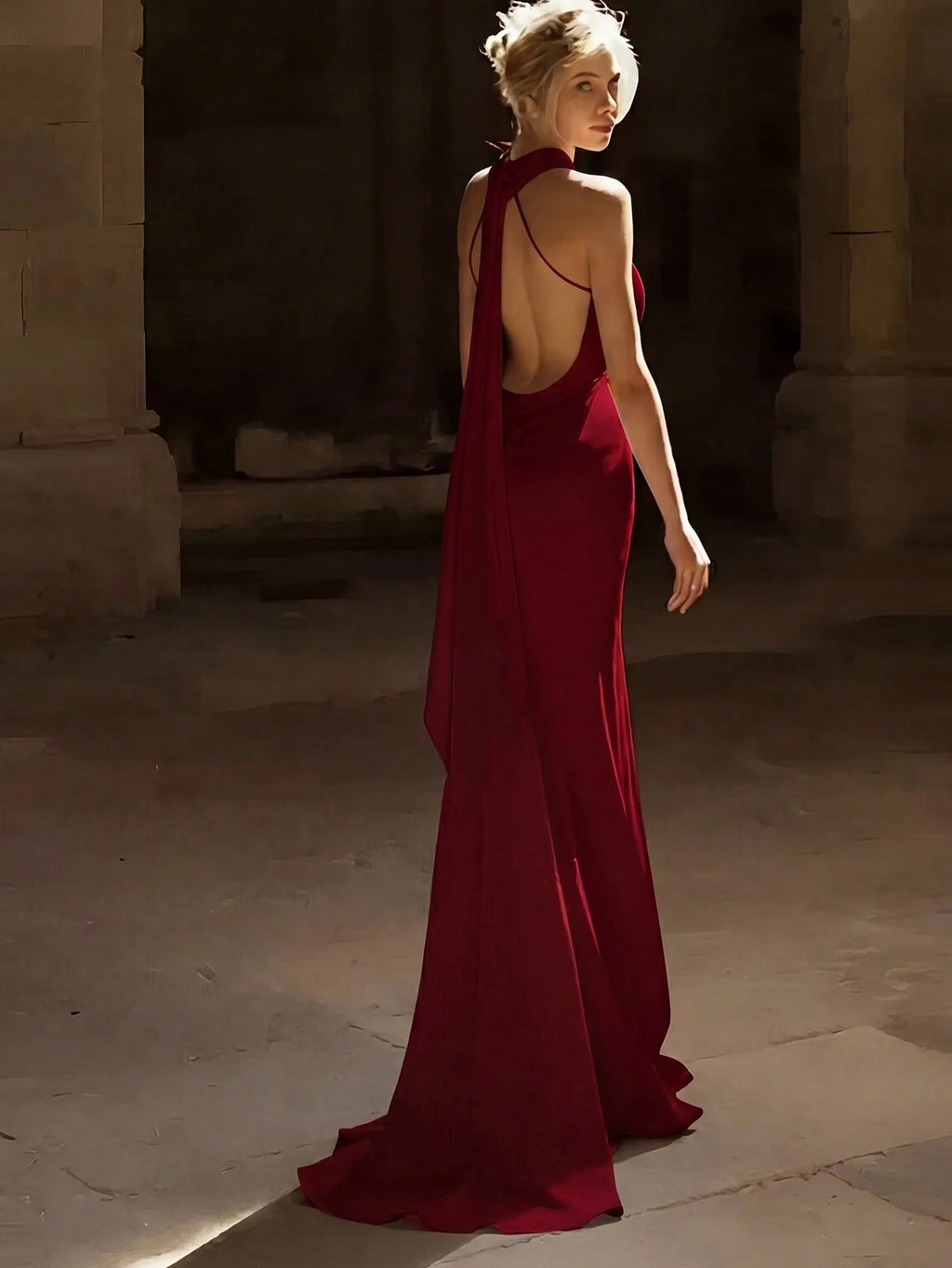 Basrey New Elegant Red Solid Color Halter Neck Button High Waist Satin Backless Cinched Waist Party Maxi - image 12