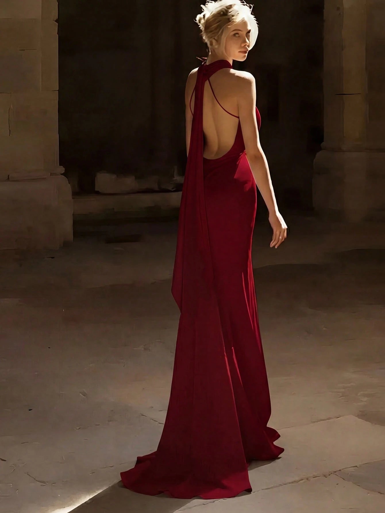 Basrey New Elegant Red Solid Color Halter Neck Button High Waist Satin Backless Cinched Waist Party Maxi - image 12