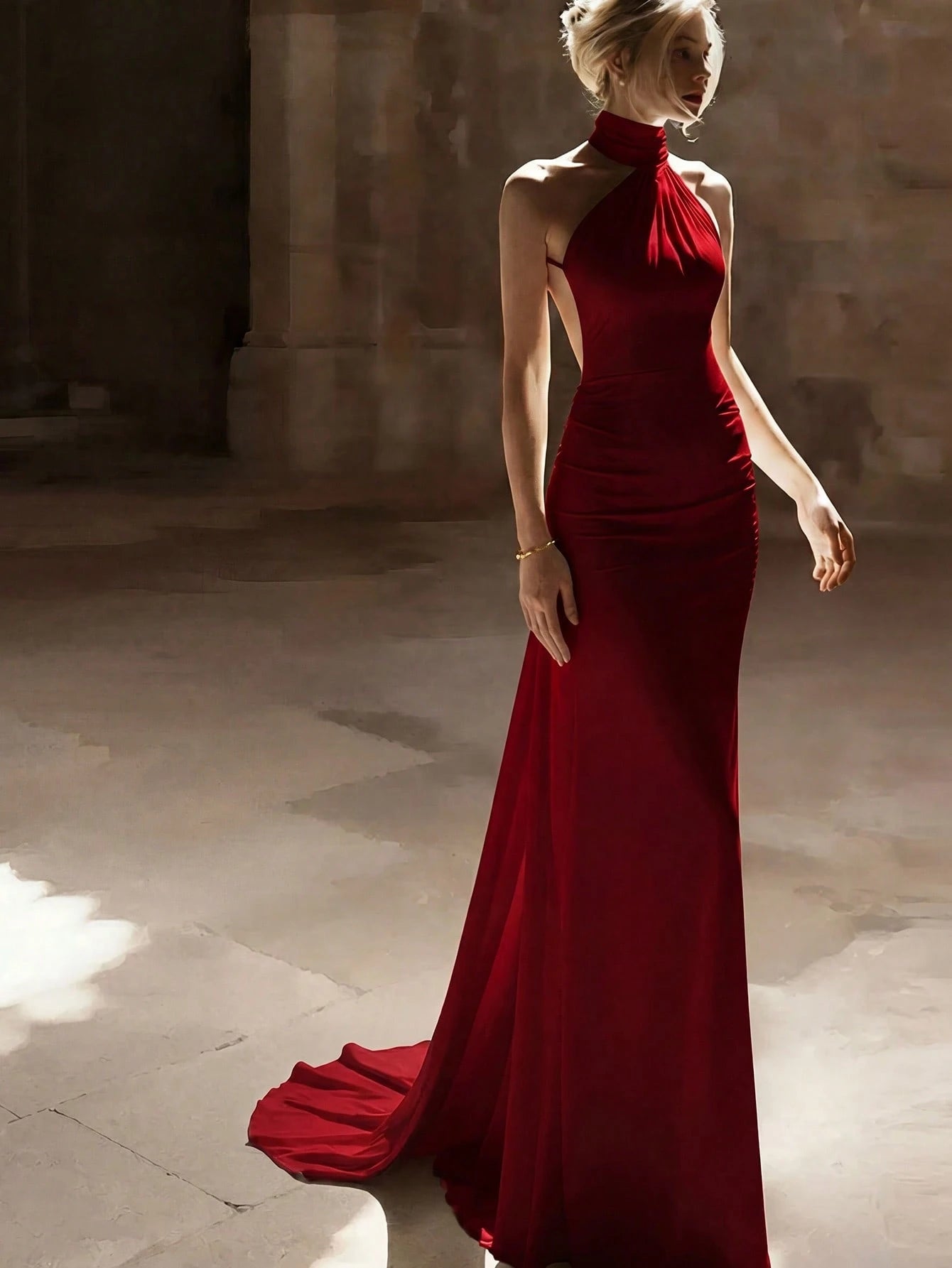 Basrey New Elegant Red Solid Color Halter Neck Button High Waist Satin Backless Cinched Waist Party Maxi - image 11
