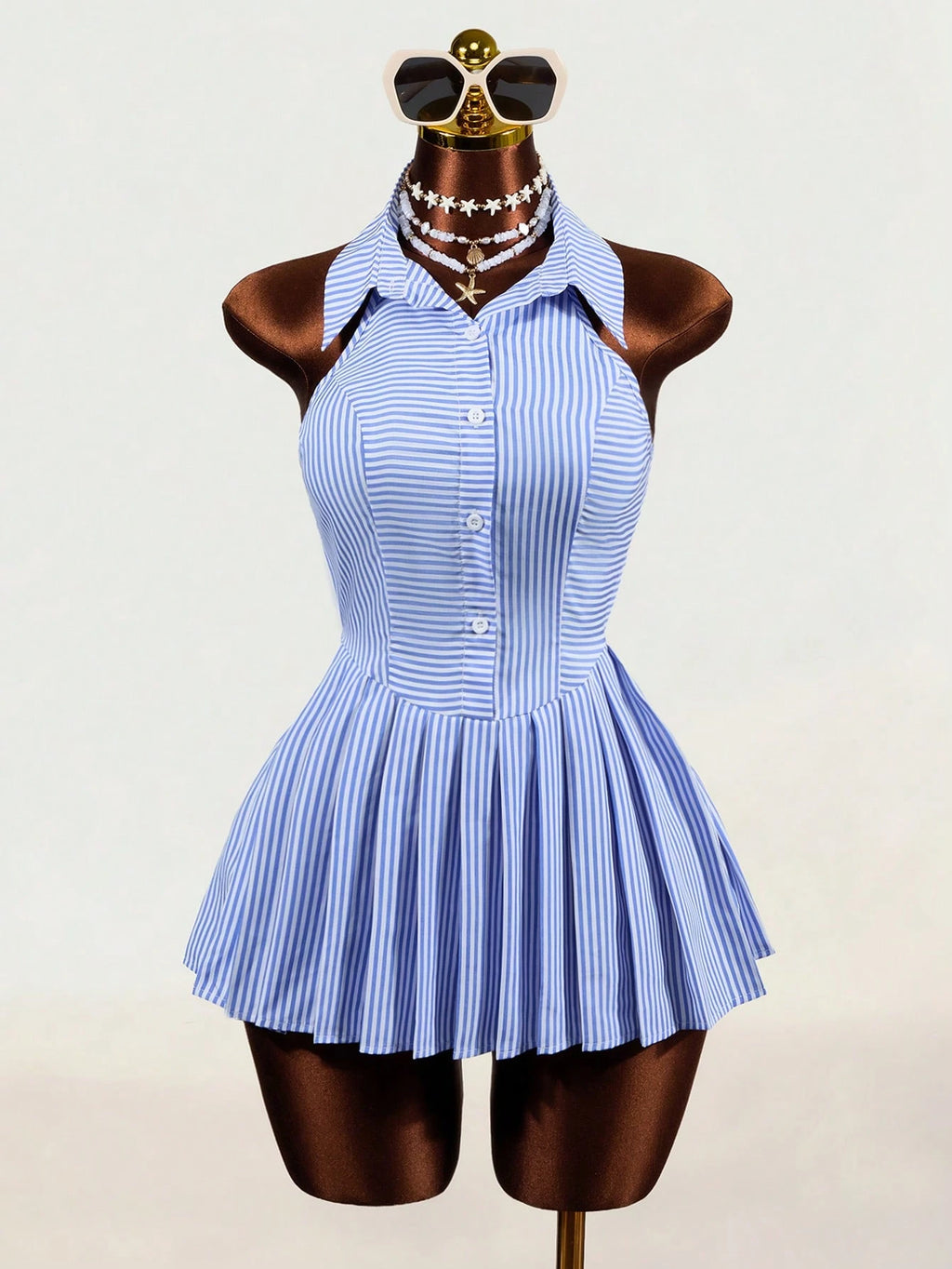 Mistrie Women Mini Dresses Back-To-School Vacation Blue And White Stripe Coastal - image 3