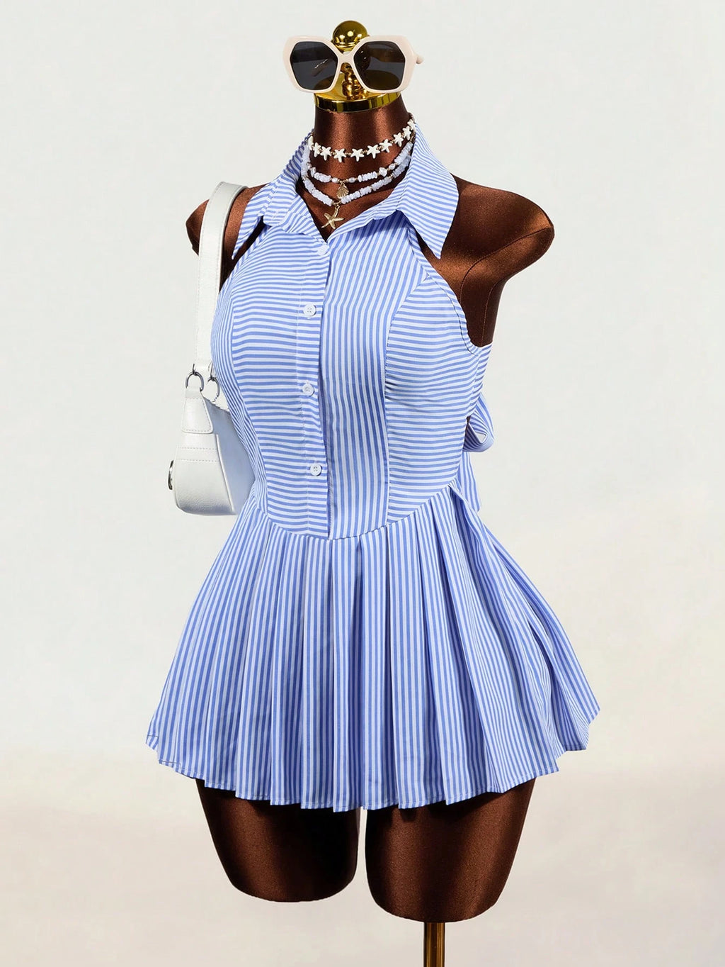 Mistrie Women Mini Dresses Back-To-School Vacation Blue And White Stripe Coastal - image 4