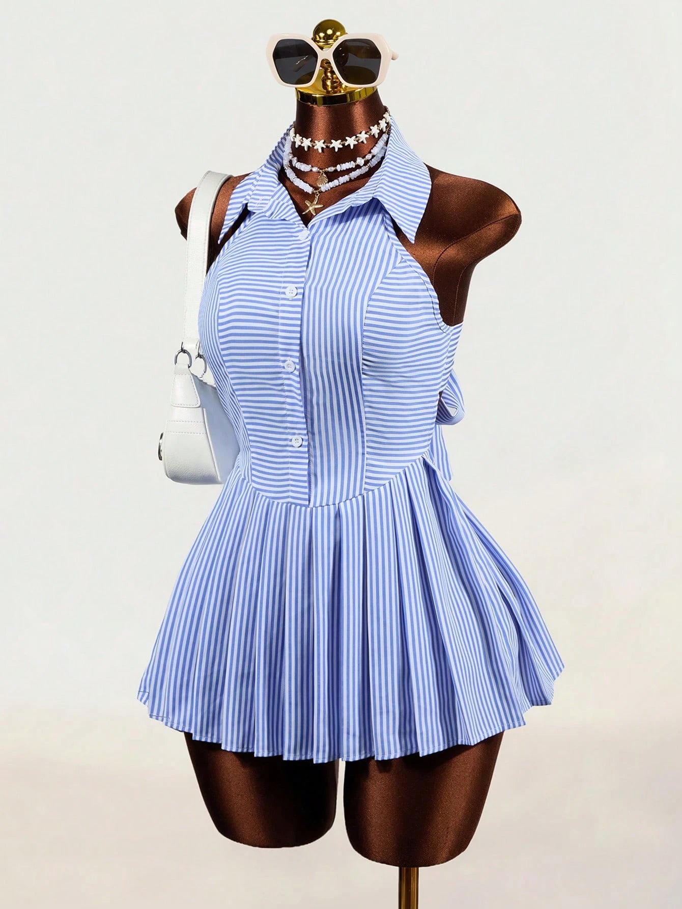 Mistrie Women Mini Dresses Back-To-School Vacation Blue And White Stripe Coastal - image 4