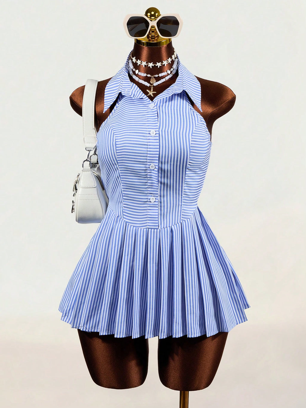 Mistrie Women Mini Dresses Back-To-School Vacation Blue And White Stripe Coastal - image 7