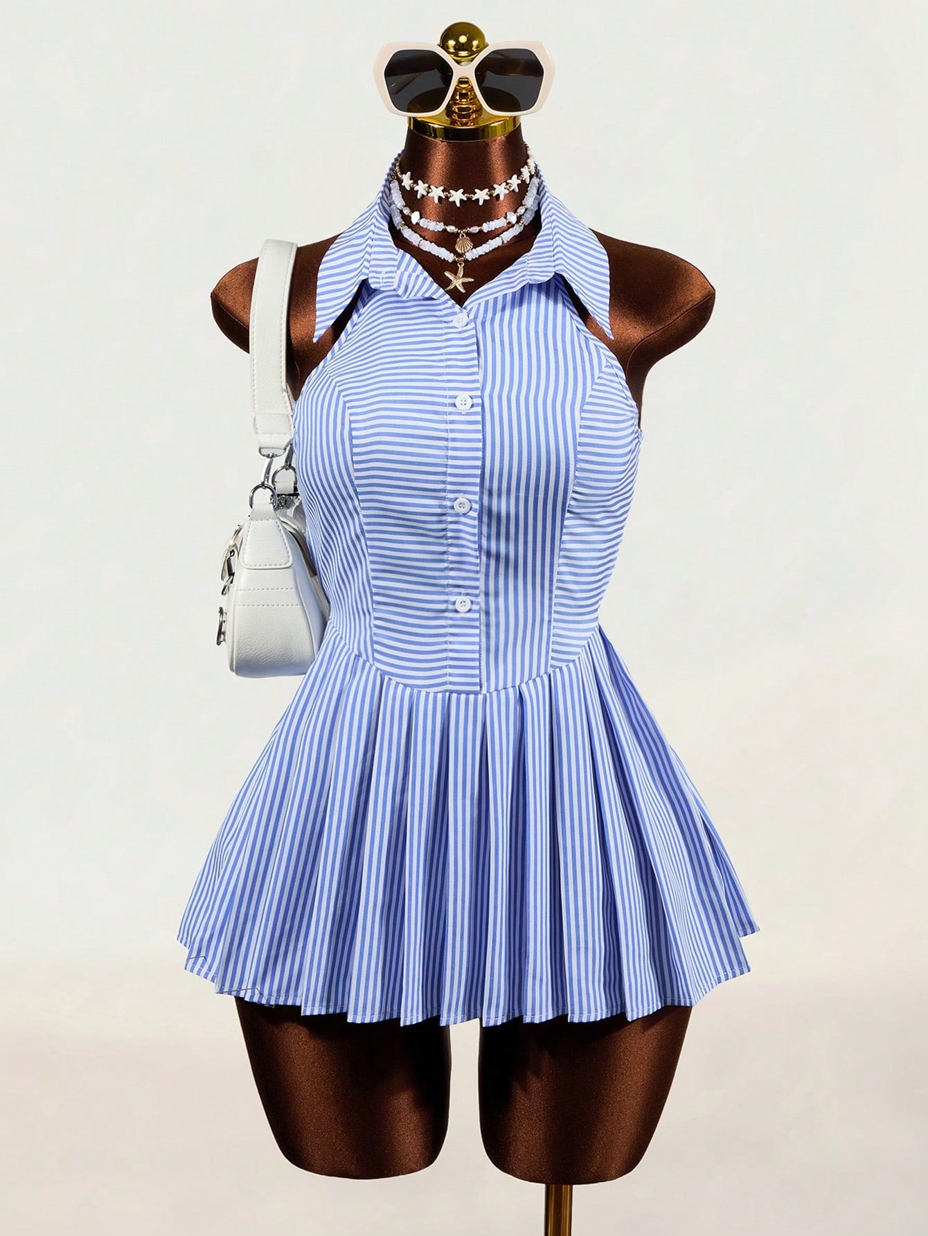 Mistrie Women Mini Dresses Back-To-School Vacation Blue And White Stripe Coastal - image 7