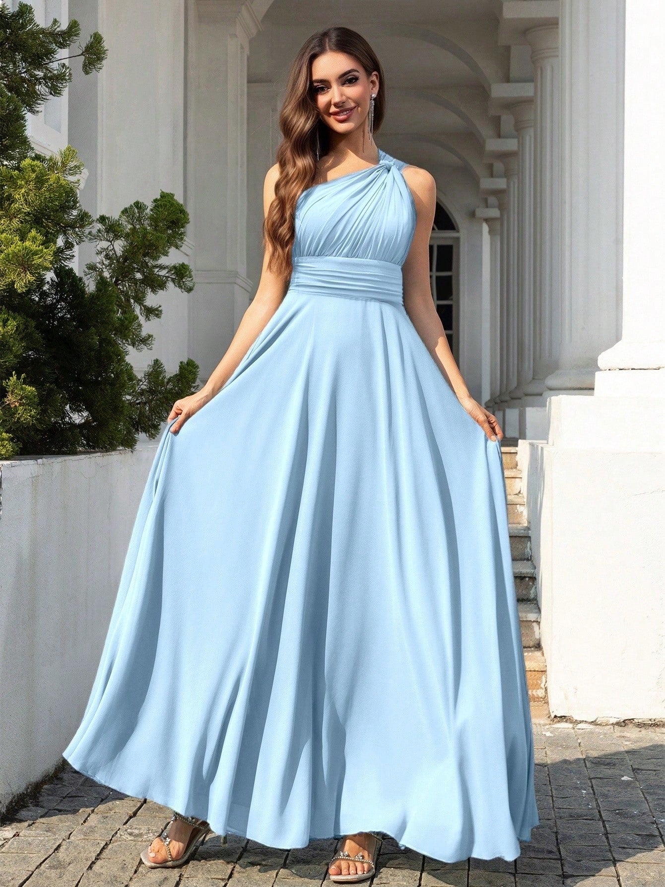 Volly Toych Elegant Sleeveless Long Bridesmaid Dress In Greyish Blue,
