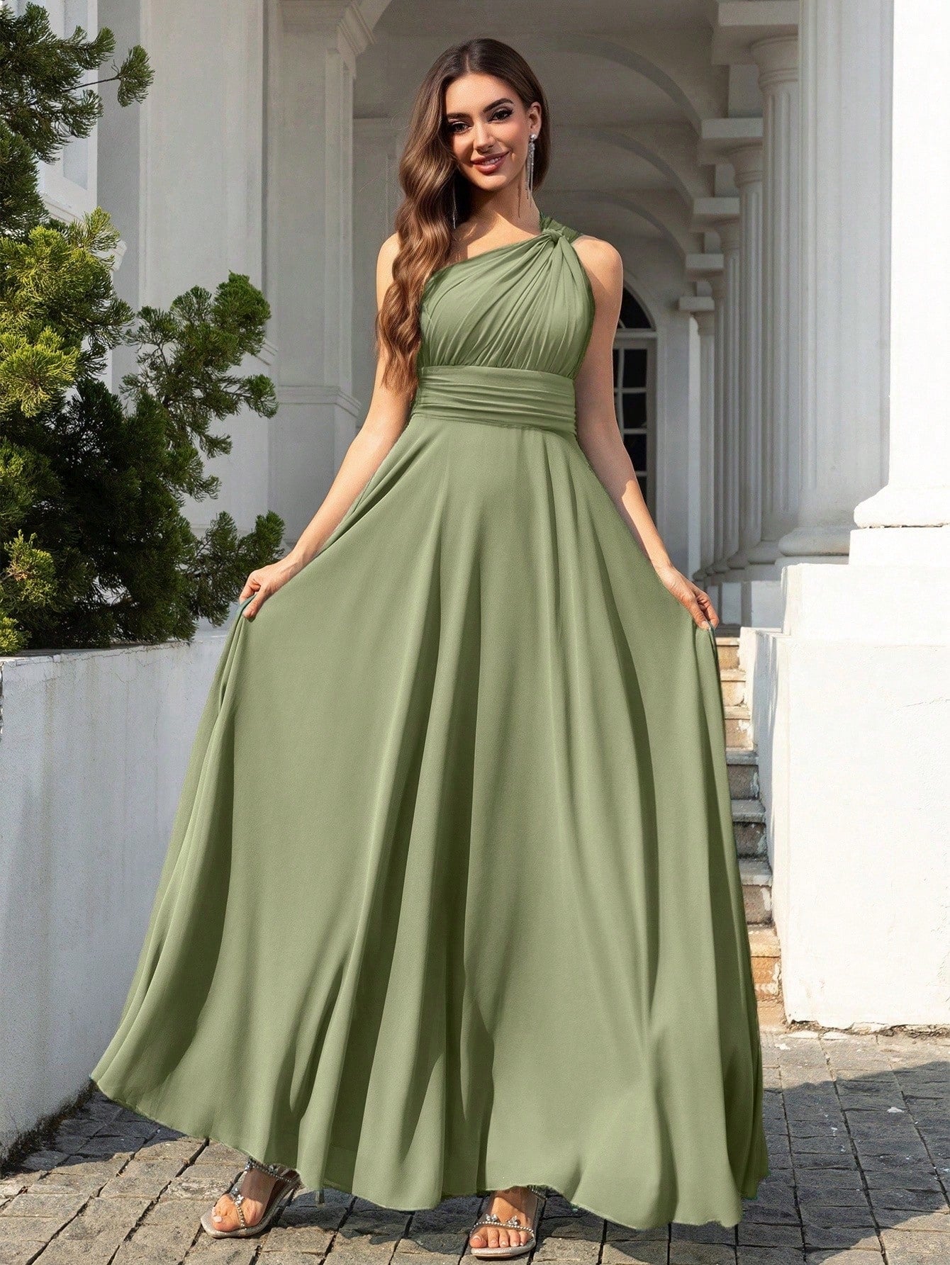 Volly Toych Elegant Sleeveless Long Bridesmaid Dress In Greyish Blue,