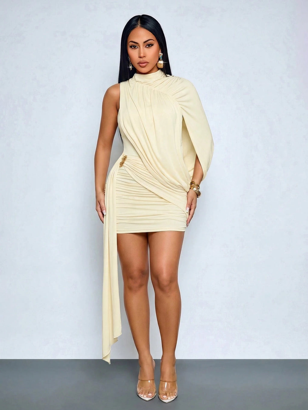 SOLERSUN Women's Sexy Elegant Asymmetrical Shoulder Mini Dress,