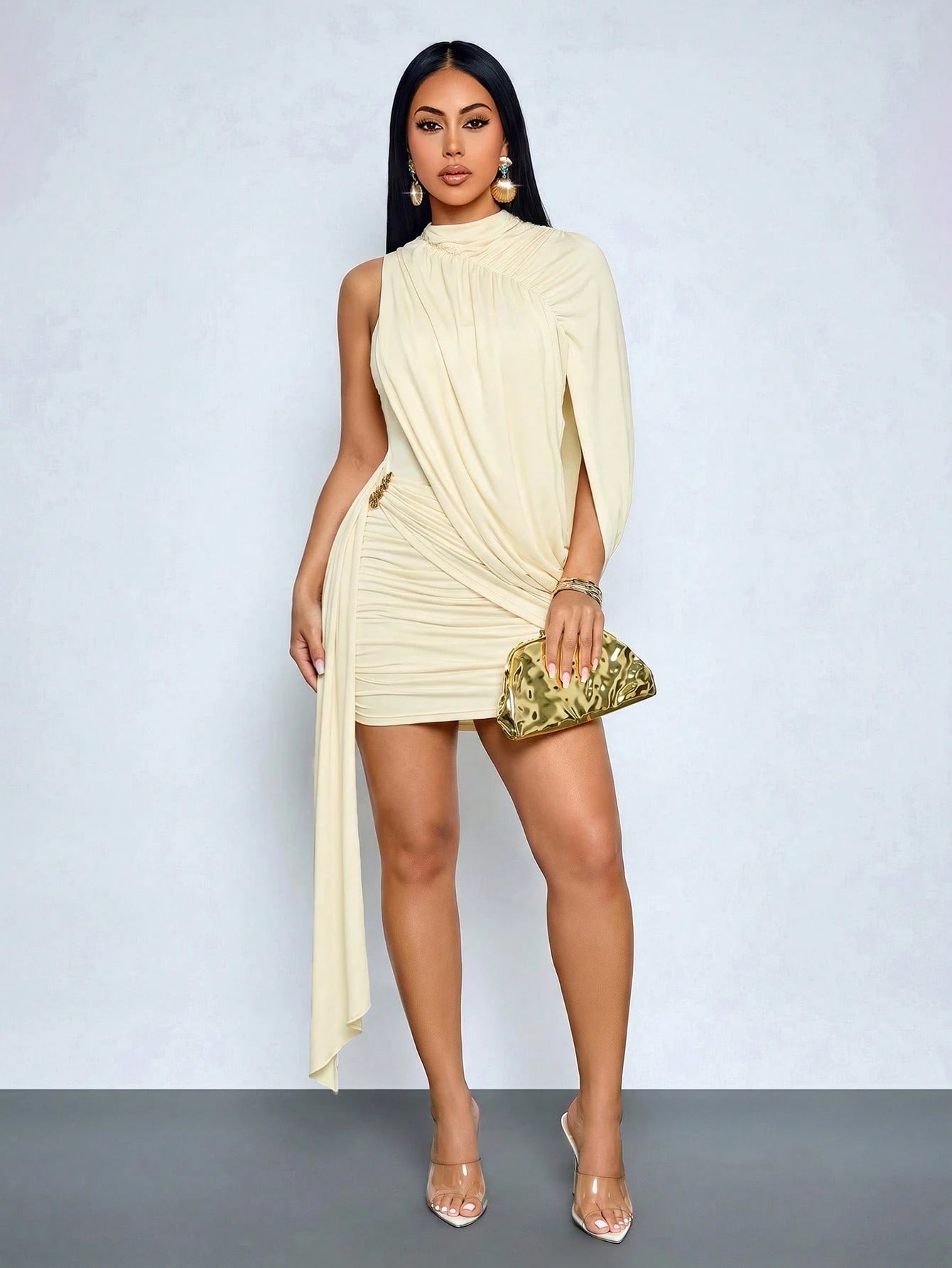 SOLERSUN Women's Sexy Elegant Asymmetrical Shoulder Mini Dress,