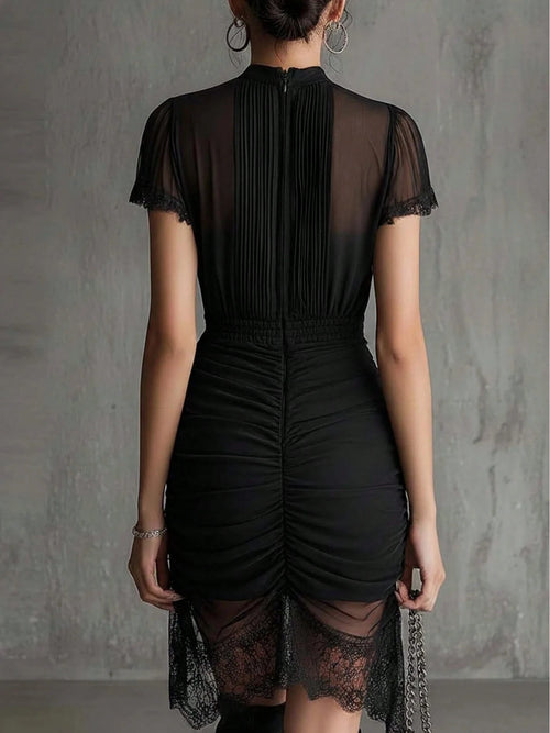 2026 Premium Women's Dress, Black See Through Lace Patchwork Dress,