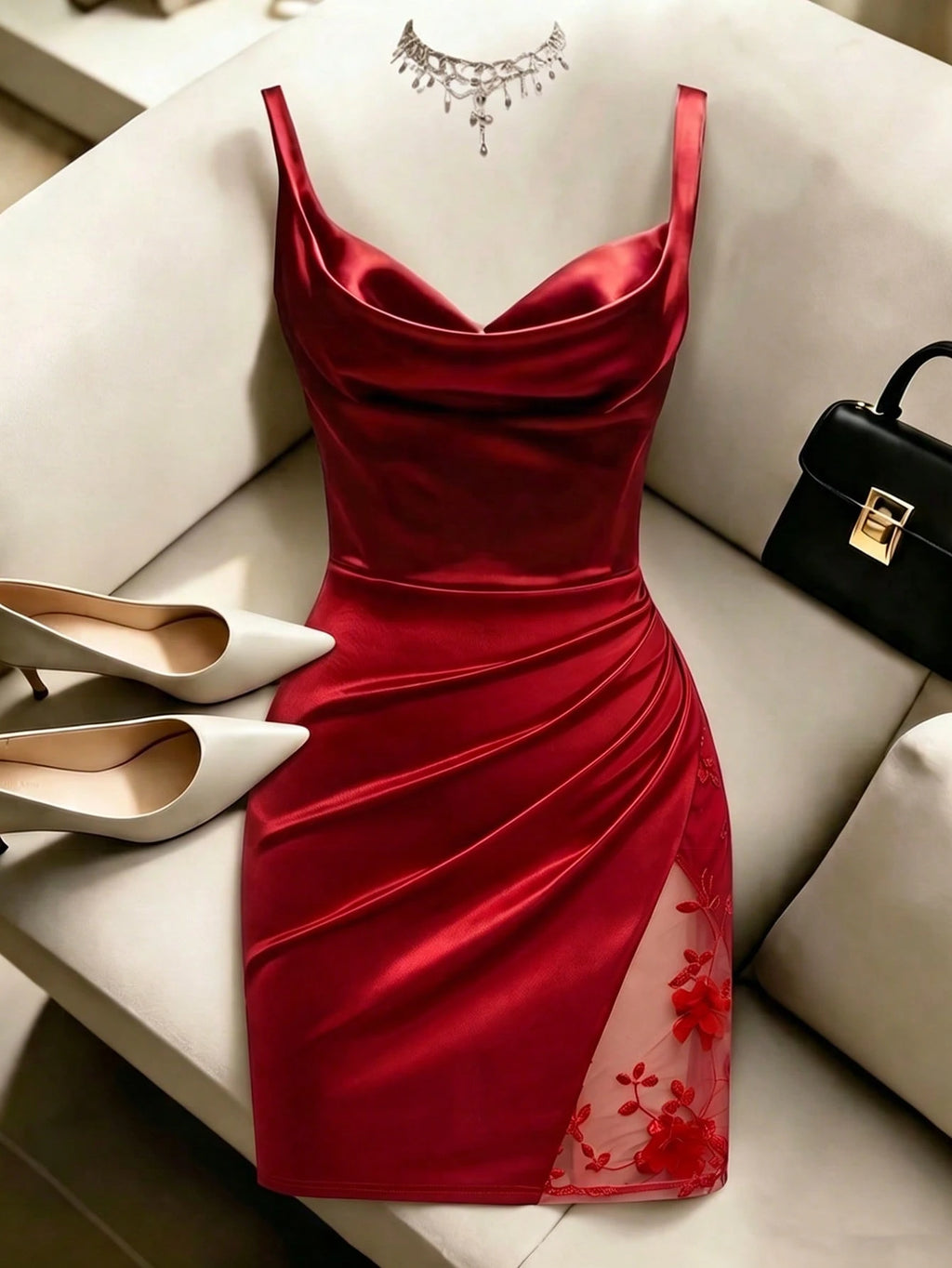 GlowEve Women's Red Satin Glossy Fabric Solid Color Cowl Neck Dress,