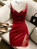 GlowEve Women's Red Satin Glossy Fabric Solid Color Cowl Neck Dress,