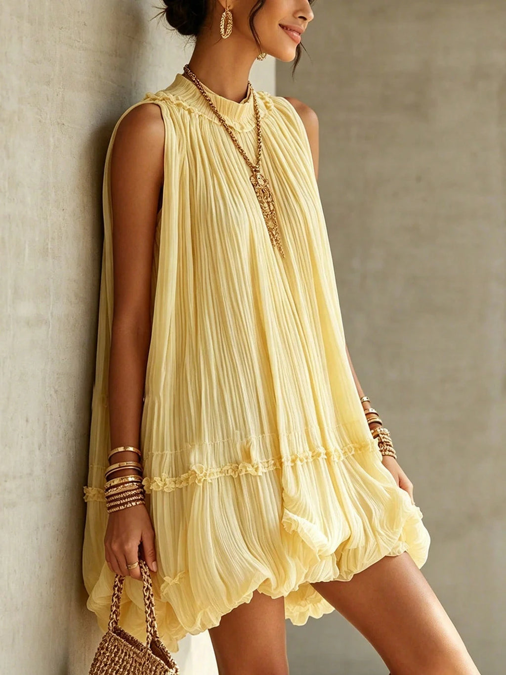 Sleeveless Pleated A-Line Babydoll Short Dress, Loose-Fitting, Large
