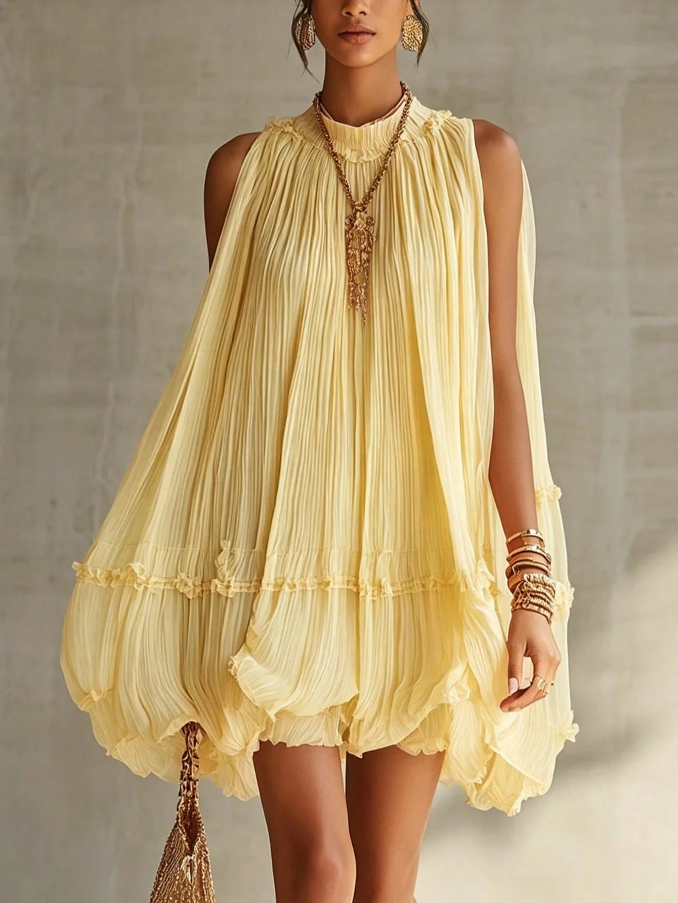 Sleeveless Pleated A-Line Babydoll Short Dress, Loose-Fitting, Large
