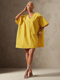 Vixey Solid Woven Drop Shoulder Sleeve Boxy Oversized Short Dress,