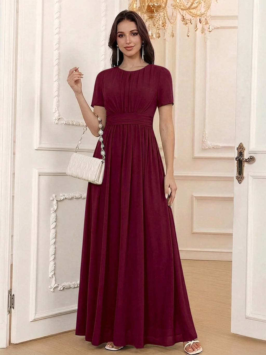 Volly Toych Elegant Chiffon Long Bridesmaid Dress, Short Regular Sleeves, Pleated Bust, Round Neck Design, - image 4