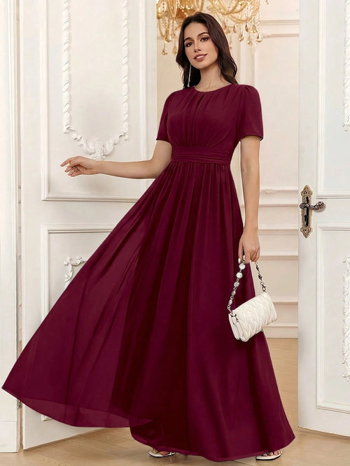 Volly Toych Elegant Chiffon Long Bridesmaid Dress, Short Regular Sleeves, Pleated Bust, Round Neck Design,