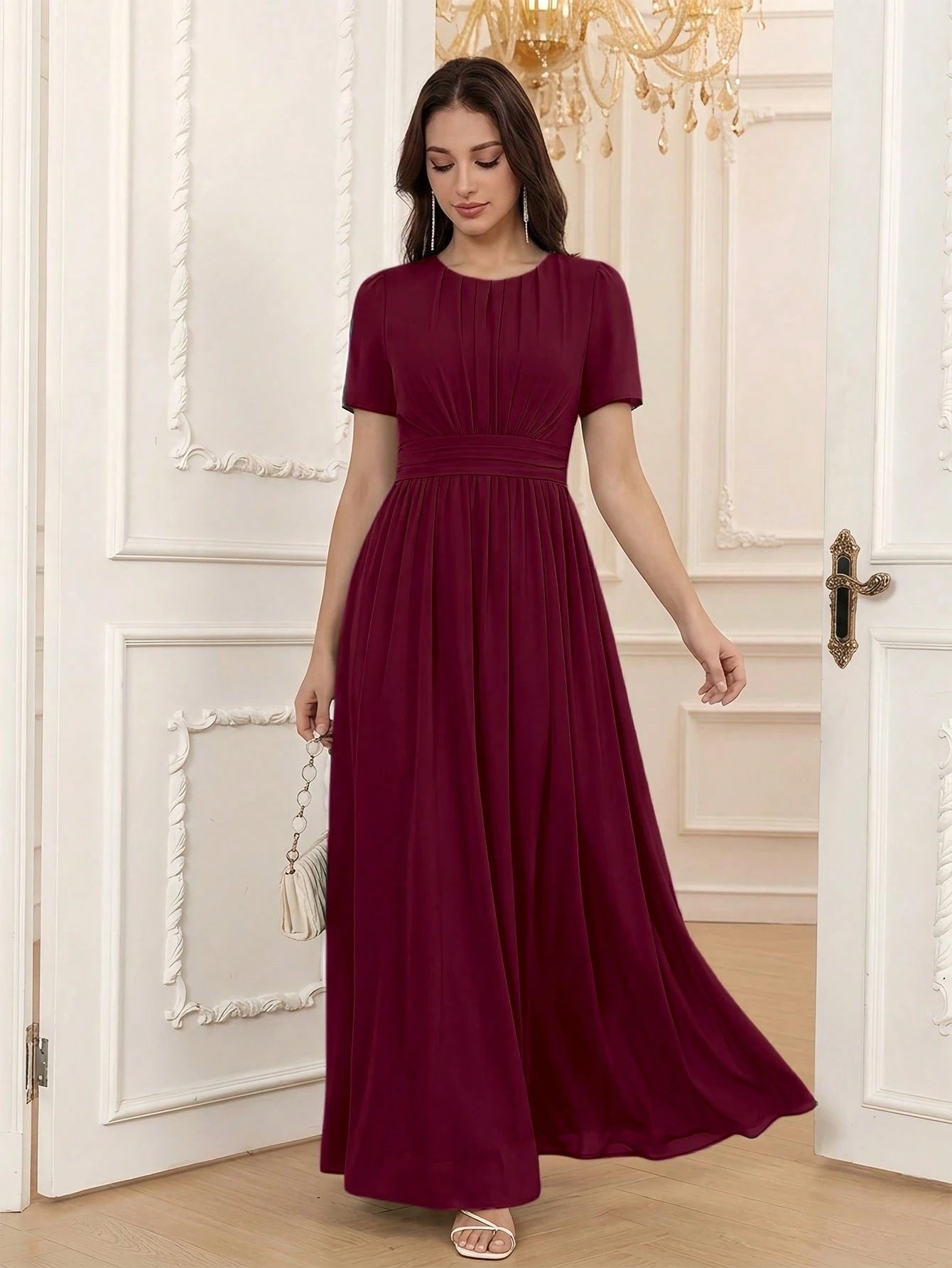 Volly Toych Elegant Chiffon Long Bridesmaid Dress, Short Regular Sleeves, Pleated Bust, Round Neck Design, - image 5