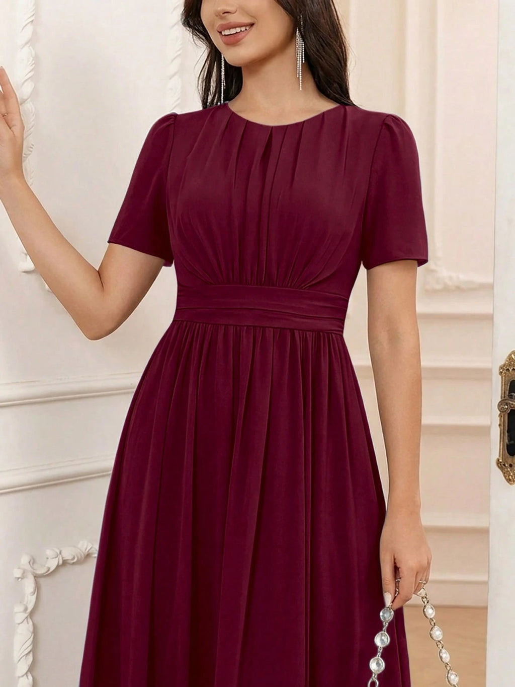 Volly Toych Elegant Chiffon Long Bridesmaid Dress, Short Regular Sleeves, Pleated Bust, Round Neck Design, - image 3