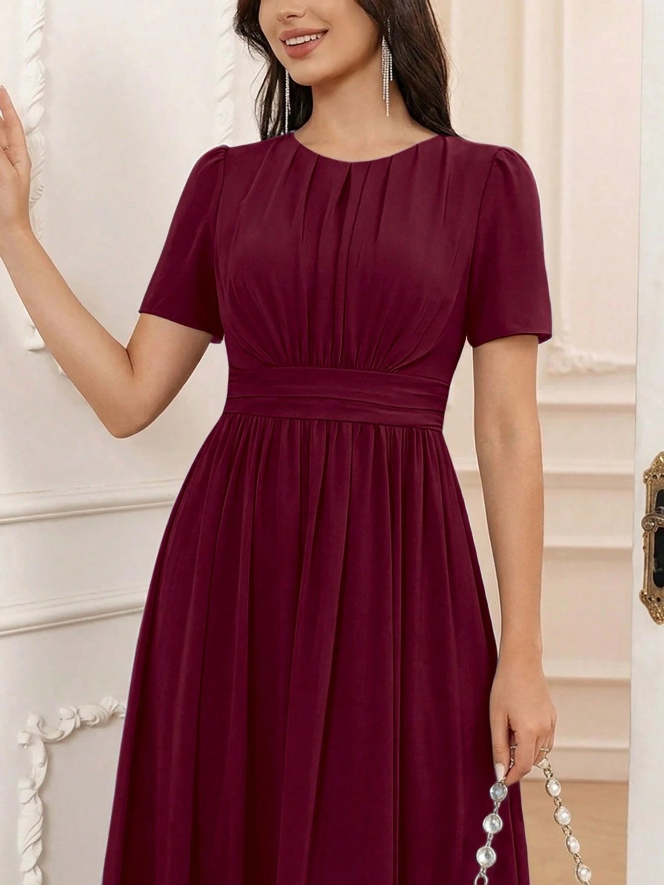 Volly Toych Elegant Chiffon Long Bridesmaid Dress, Short Regular Sleeves, Pleated Bust, Round Neck Design, - image 3