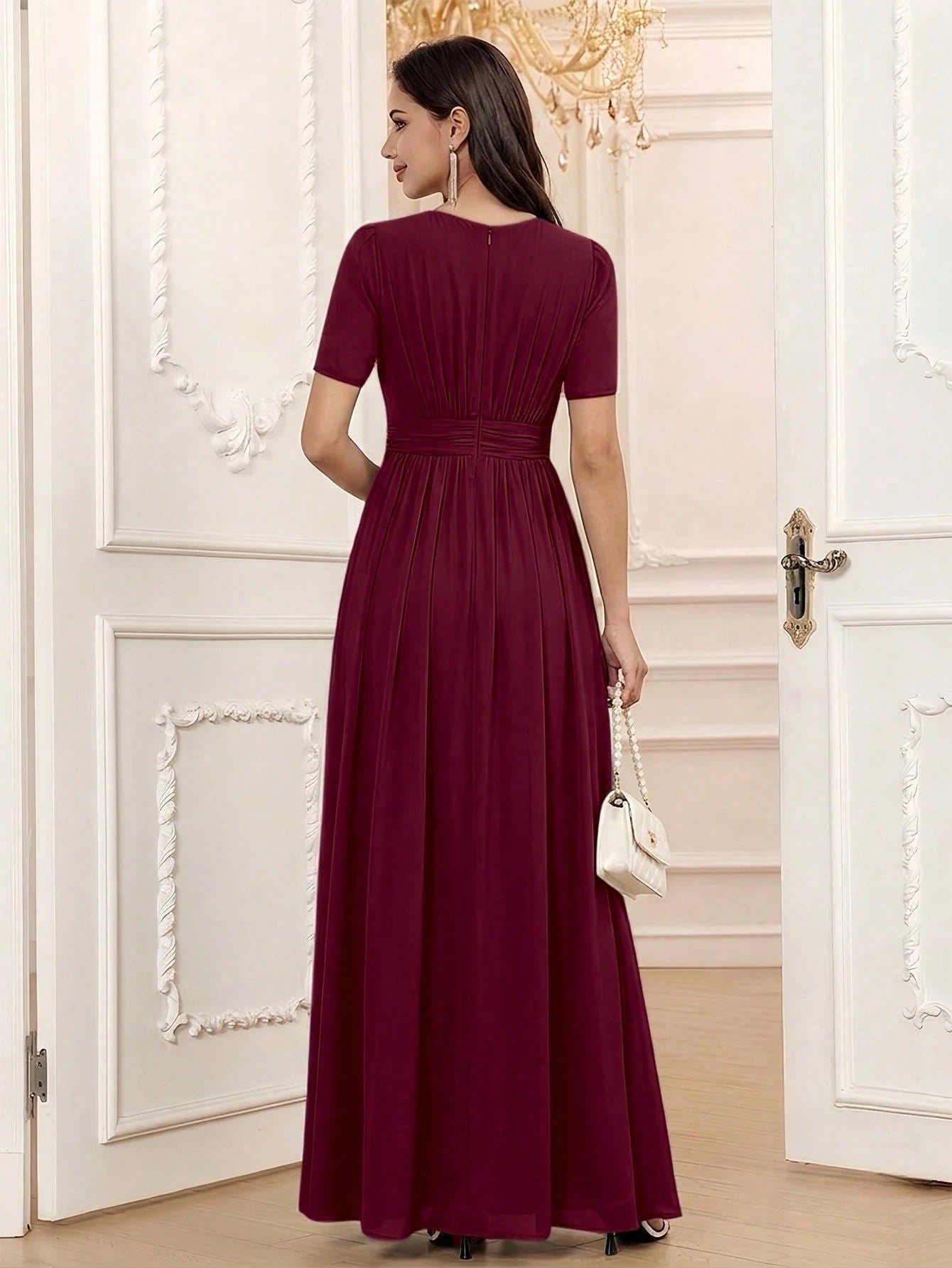 Volly Toych Elegant Chiffon Long Bridesmaid Dress, Short Regular Sleeves, Pleated Bust, Round Neck Design, - image 2