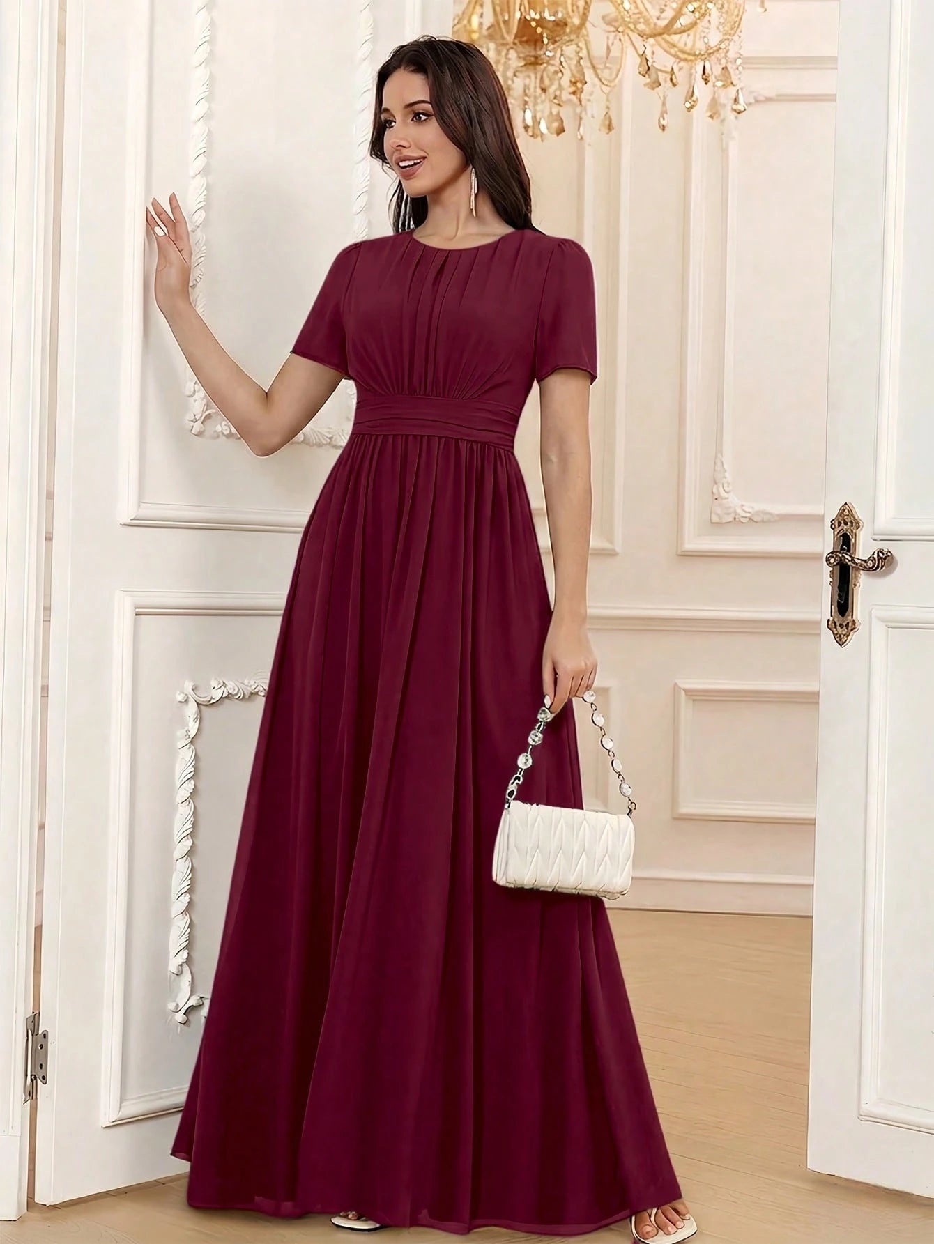 Volly Toych Elegant Chiffon Long Bridesmaid Dress, Short Regular Sleeves, Pleated Bust, Round Neck Design, - image 6