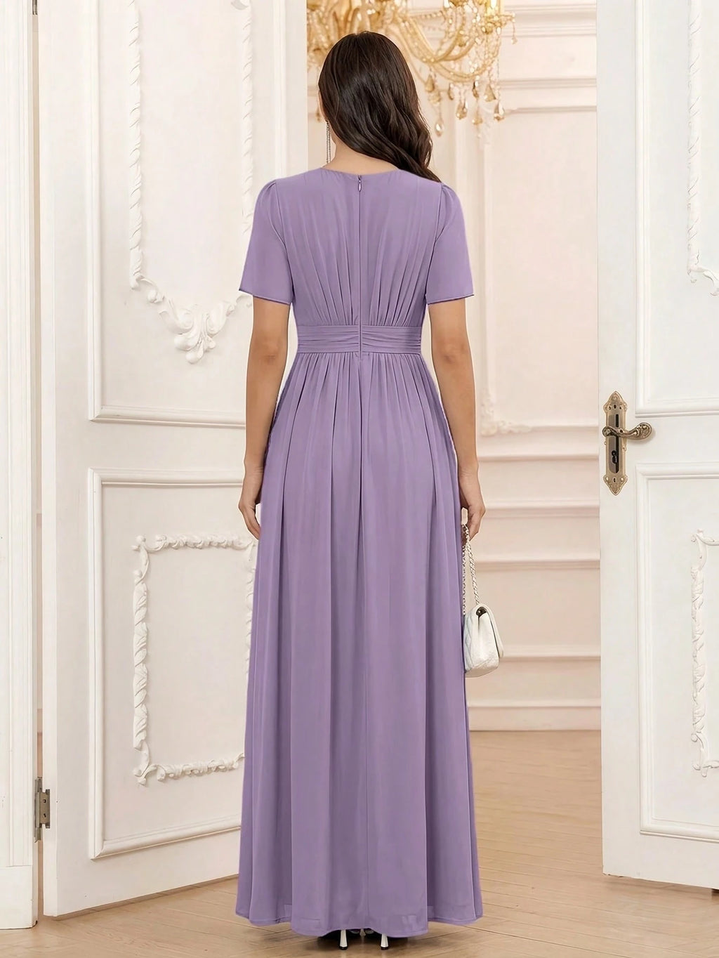 Volly Toych Elegant Chiffon Long Bridesmaid Dress, Short Regular Sleeves, Pleated Bust, Round Neck Design, - image 18