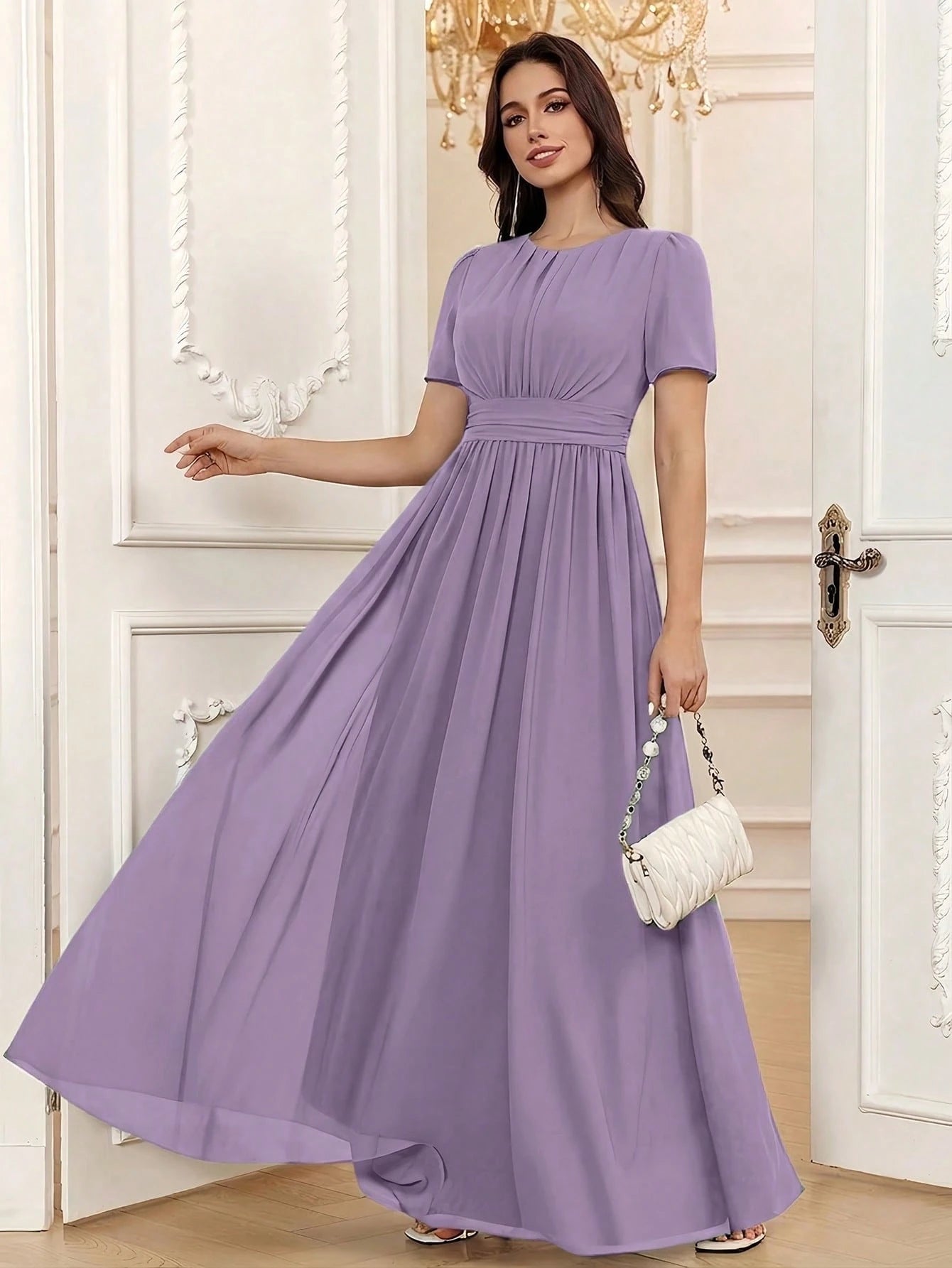 Volly Toych Elegant Chiffon Long Bridesmaid Dress, Short Regular Sleeves, Pleated Bust, Round Neck Design, - image 17