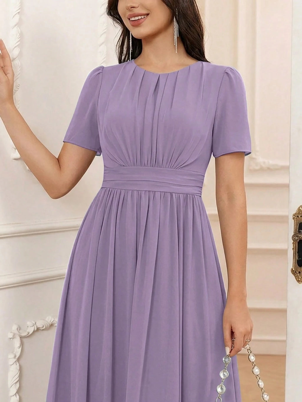 Volly Toych Elegant Chiffon Long Bridesmaid Dress, Short Regular Sleeves, Pleated Bust, Round Neck Design, - image 19