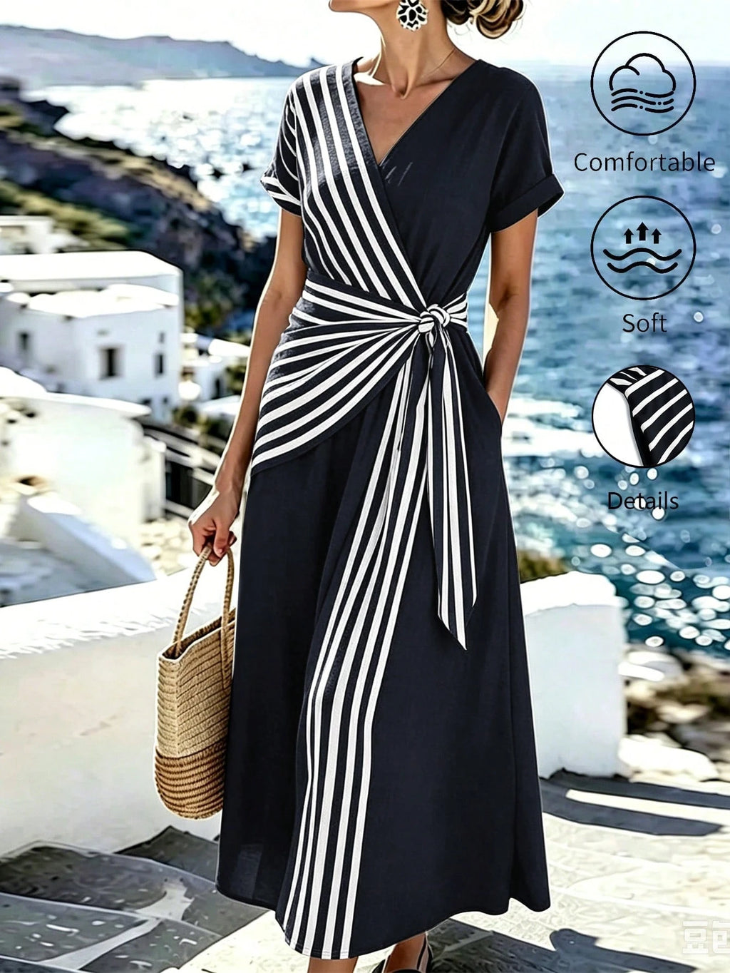 Breezaya +Women's V-Neck Striped Patchwork Casual Vacation Dress,
