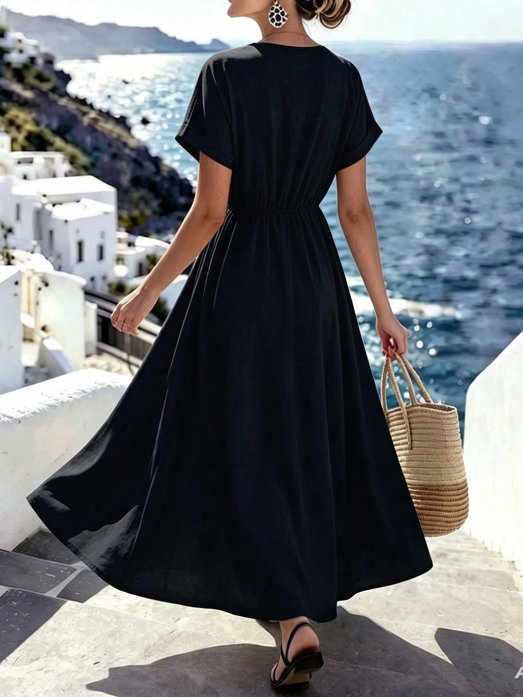 Breezaya +Women's V-Neck Striped Patchwork Casual Vacation Dress,