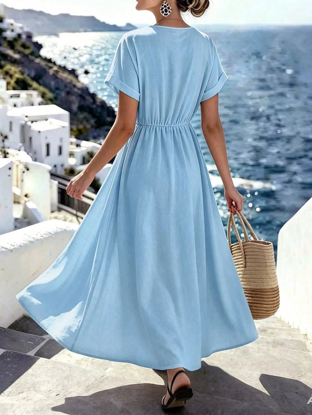 Breezaya +Women's V-Neck Striped Patchwork Casual Vacation Dress,