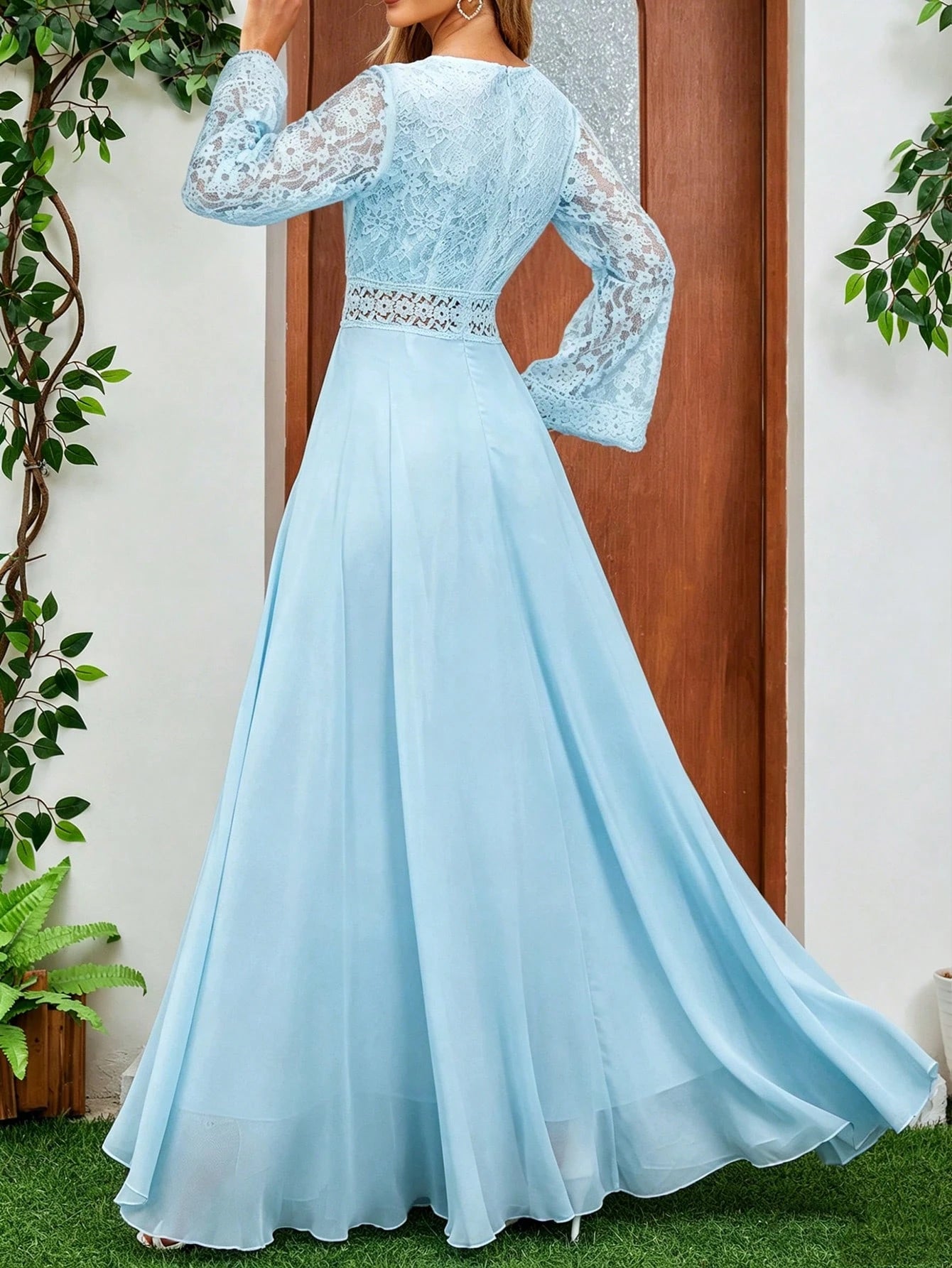 Floral Lace Dress, Chiffon Long Sleeve V-Neck Design, Suitable For Weddings Or Formal Occasions | Delicate - image 11
