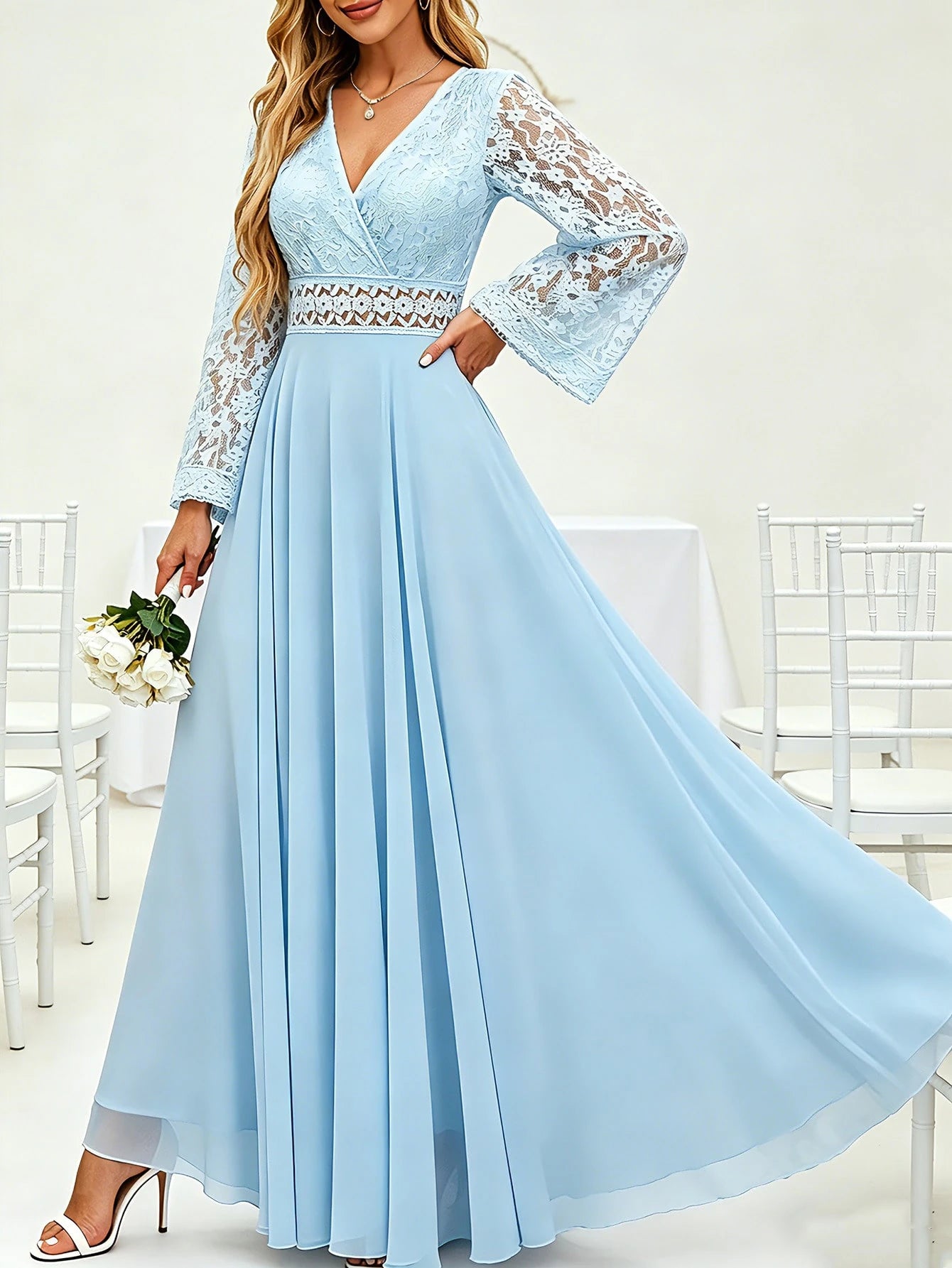 Floral Lace Dress, Chiffon Long Sleeve V-Neck Design, Suitable For Weddings Or Formal Occasions | Delicate - image 10