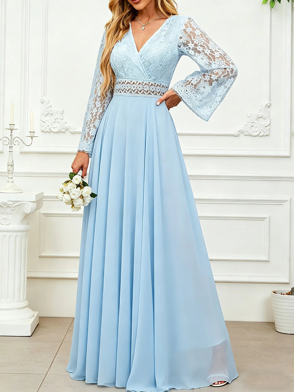 Floral Lace Dress, Chiffon Long Sleeve V-Neck Design, Suitable For Weddings Or Formal Occasions | Delicate - image 12