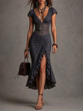 Women's Retro Dress With Lace Design And Long Skirt