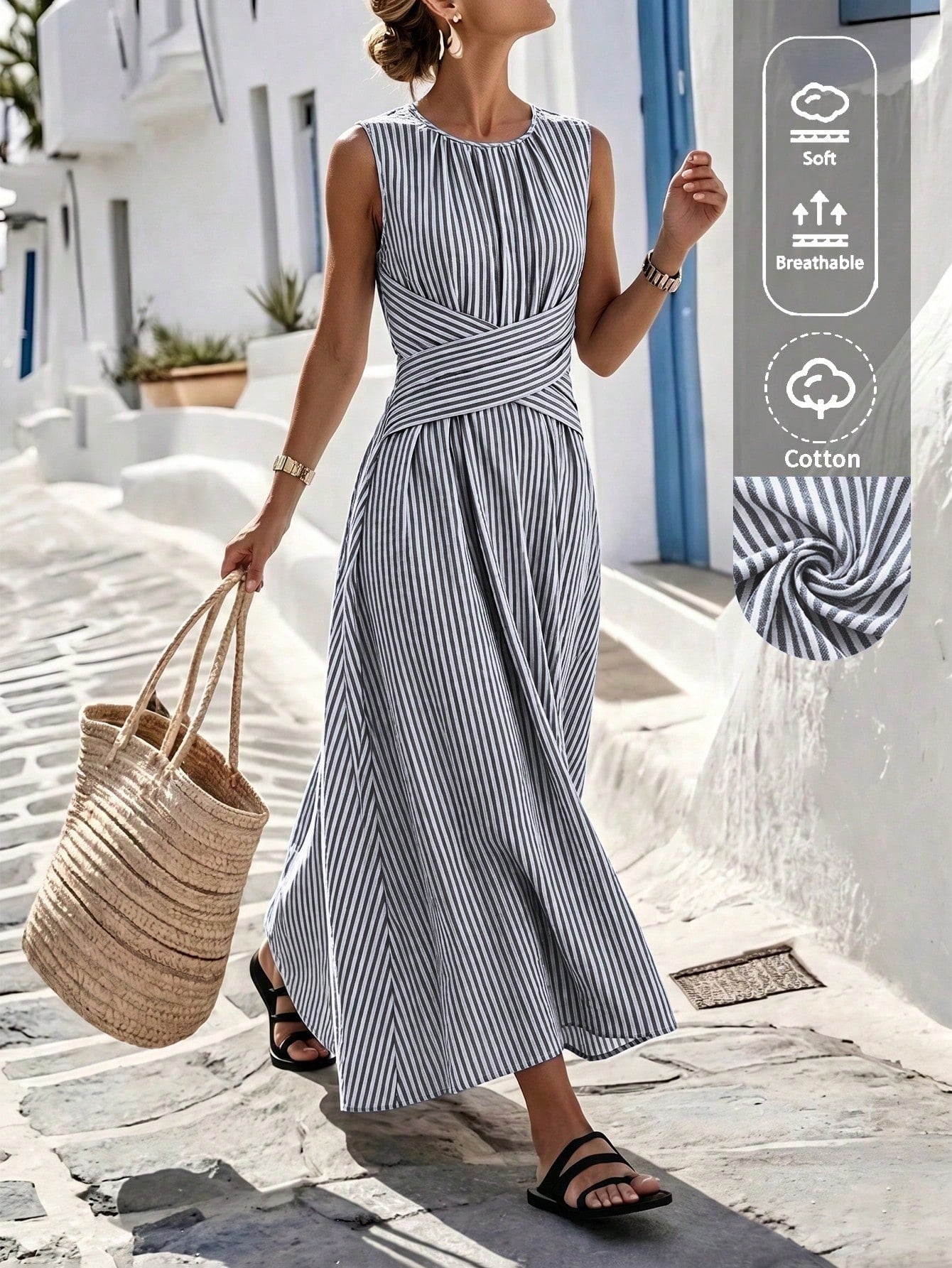 Louniche Women's Summer Blue And White Striped Fabric Round Neck