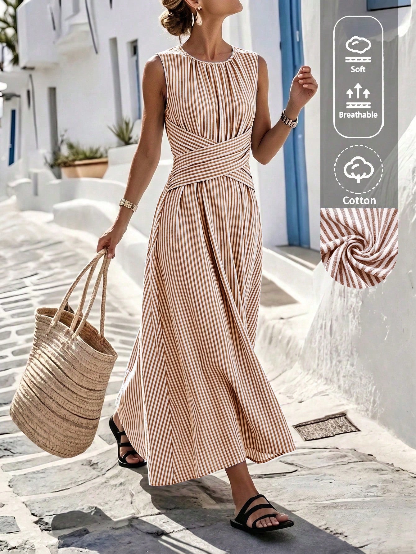 Louniche Women's Summer Blue And White Striped Fabric Round Neck