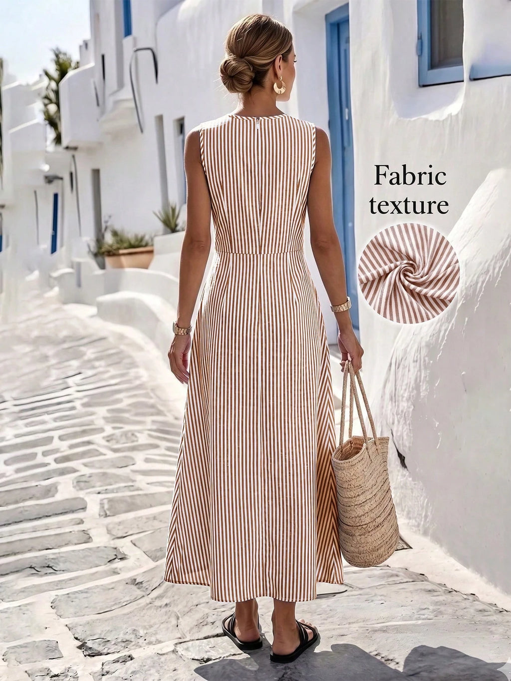 Louniche Women's Summer Blue And White Striped Fabric Round Neck