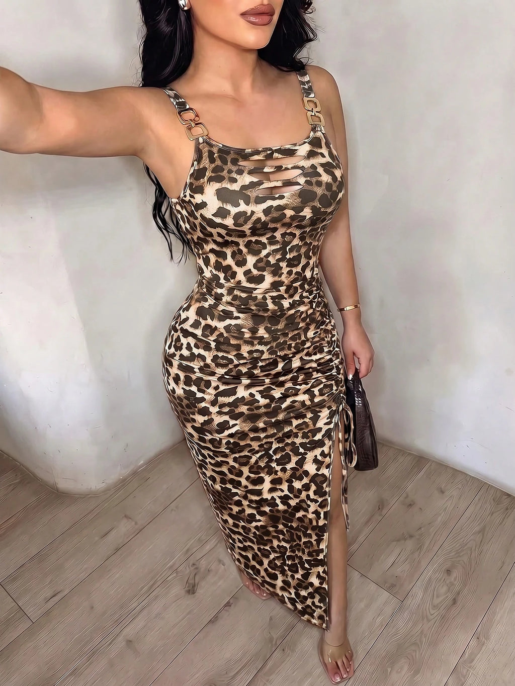 Xyvia Women Elegant Leopard Print Chain Strap Ruched Slit Bodycon
