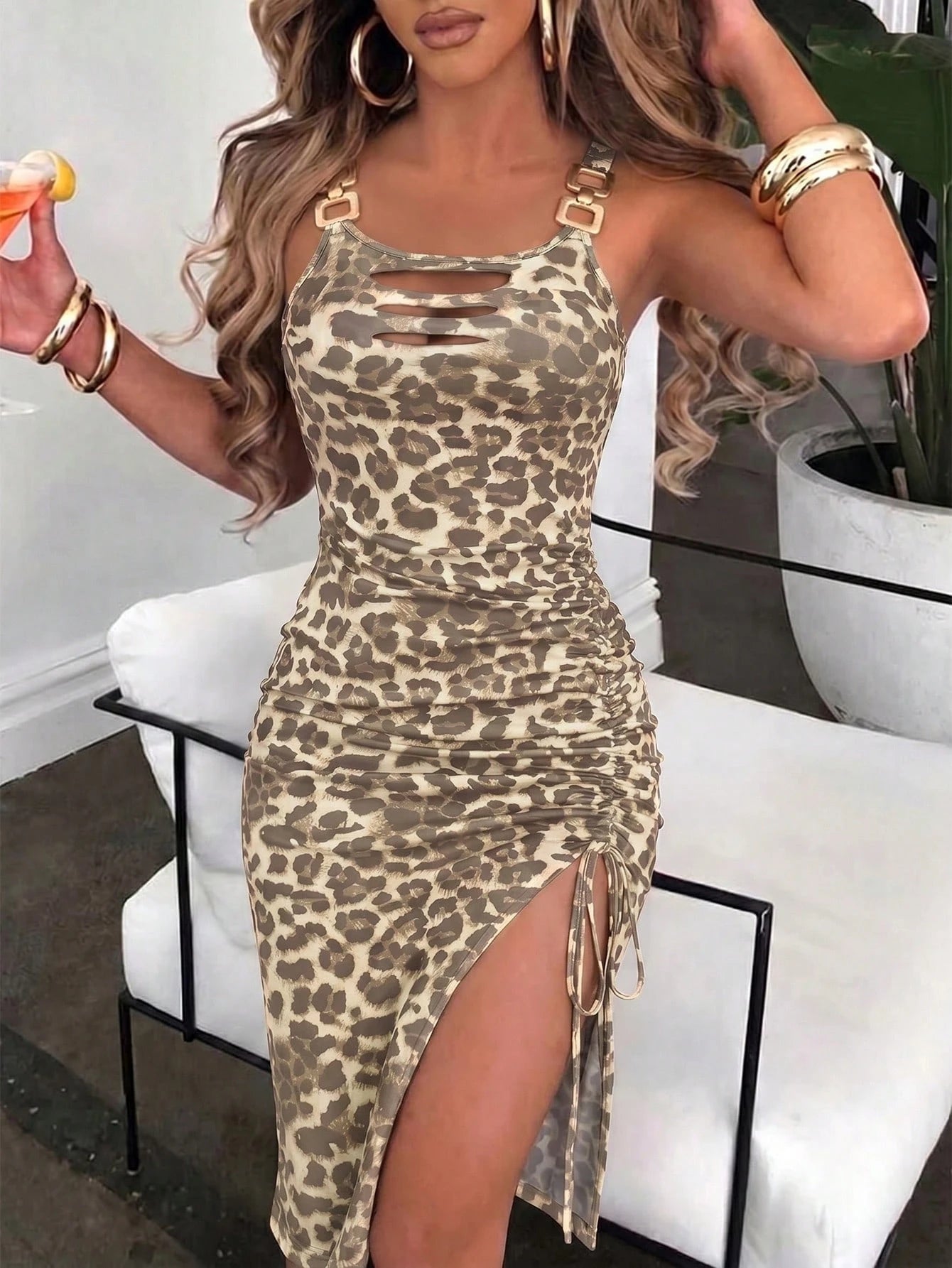 Xyvia Women Elegant Leopard Print Chain Strap Ruched Slit Bodycon