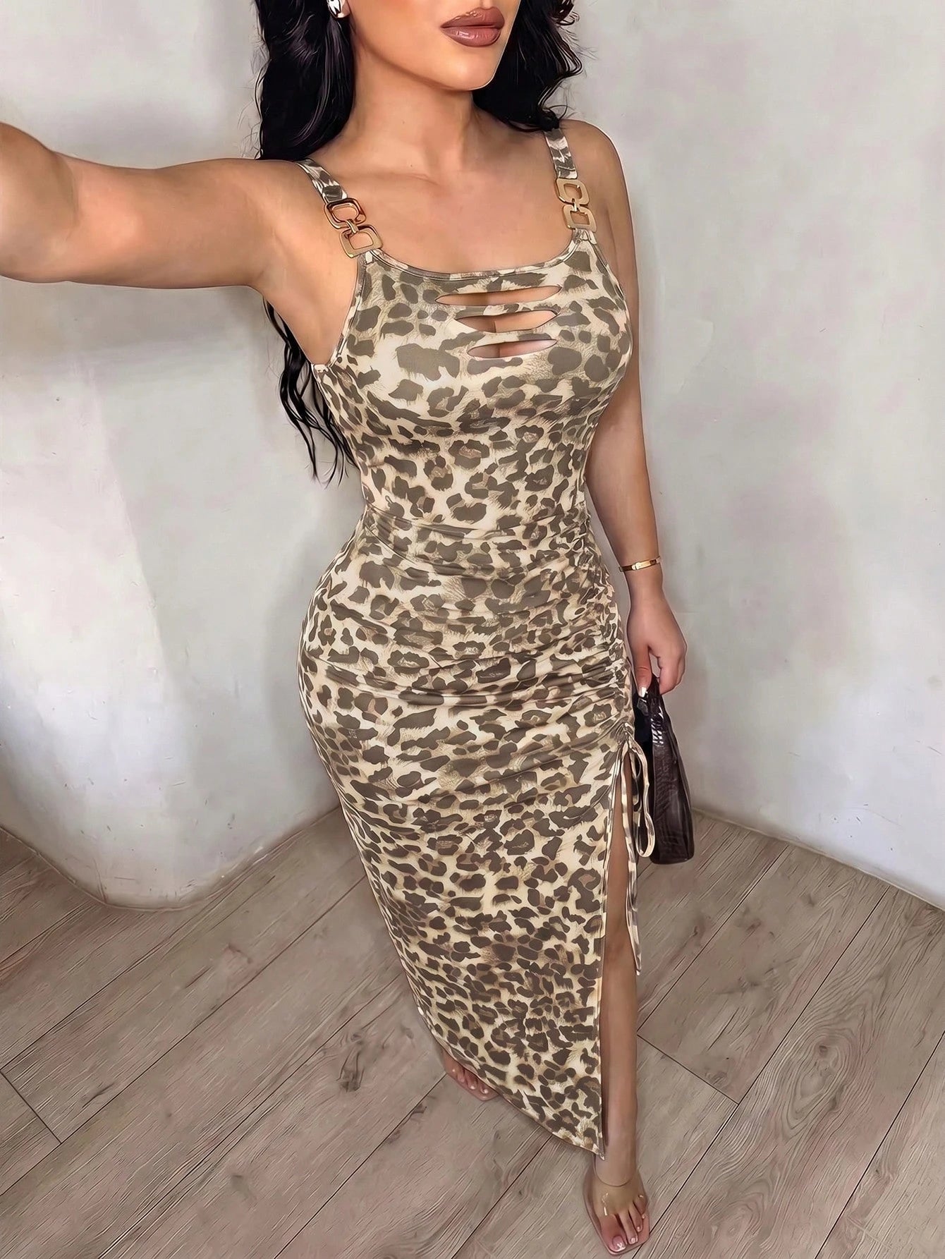 Xyvia Women Elegant Leopard Print Chain Strap Ruched Slit Bodycon