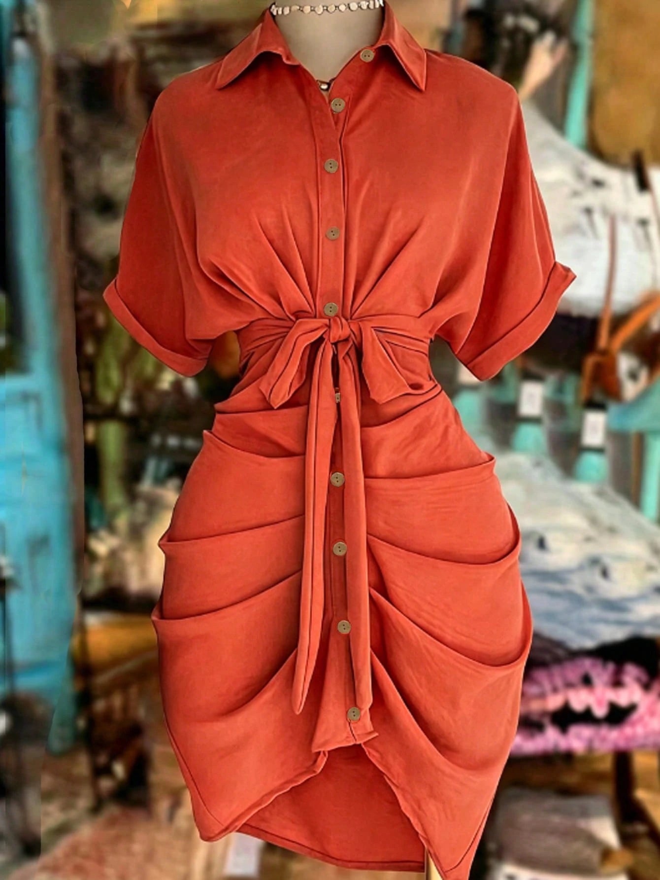 EMERY ROSE Collared Single-Breasted Tie-Waist Short Sleeve Shirt Dress