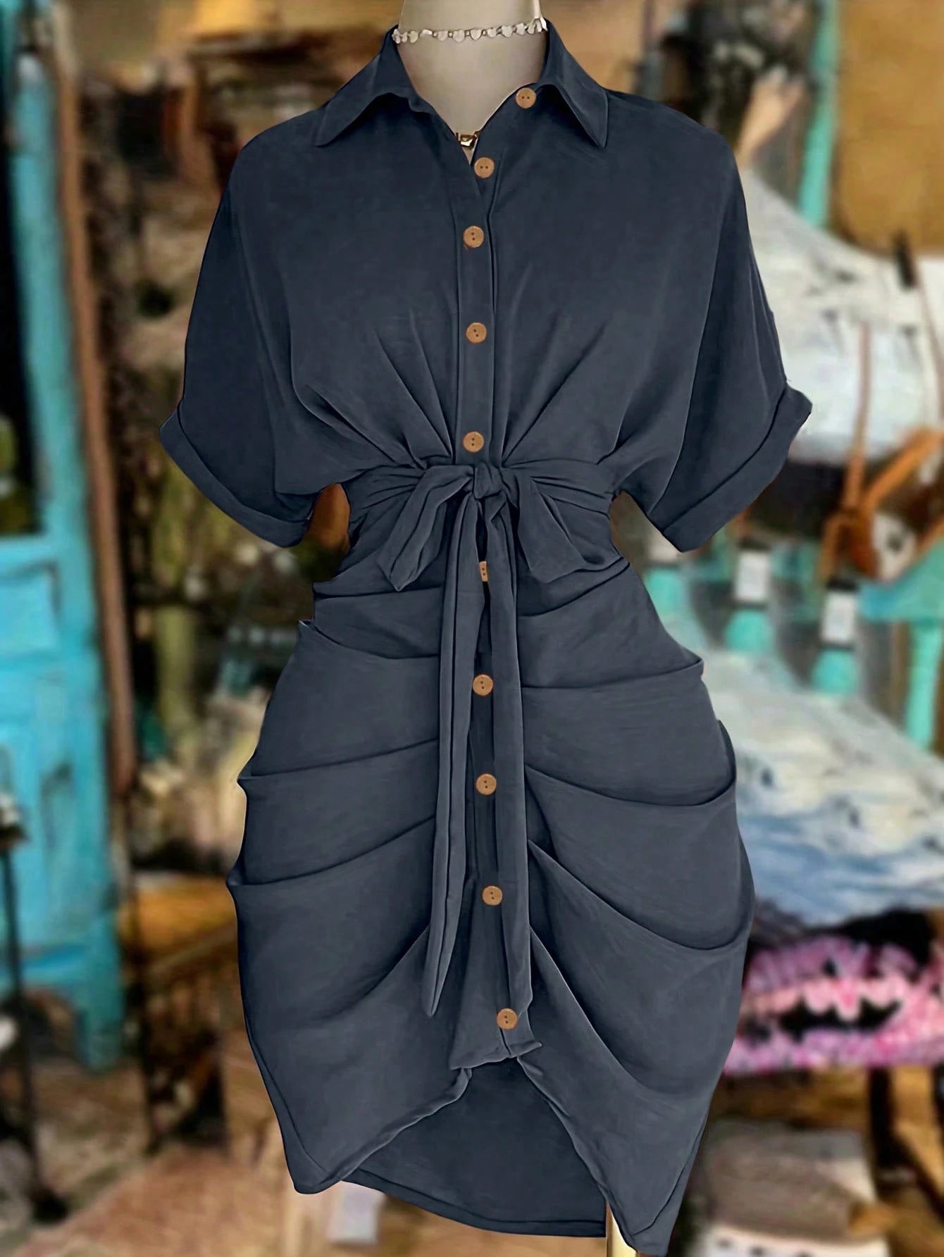 EMERY ROSE Collared Single-Breasted Tie-Waist Short Sleeve Shirt Dress