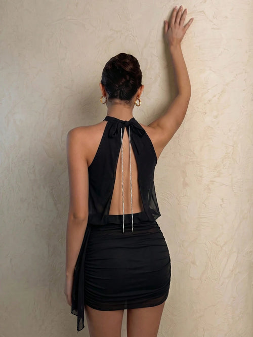 Allurite Black Color Sexy Bodycon Mini Dress,Off-Shoulder Design