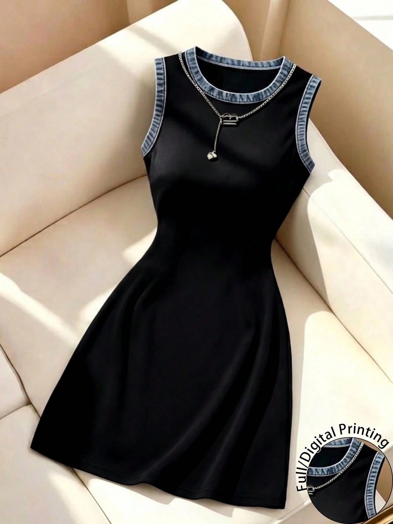 GlowEve Women's Patchwork Denim Effect Print Round Neck Casual Sleeveless Short Dress Everyday Black Autumn