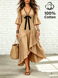 Holidaya Women's Summer Khaki Trim V-Neck Bow Tie Ruffle Short Sleeve