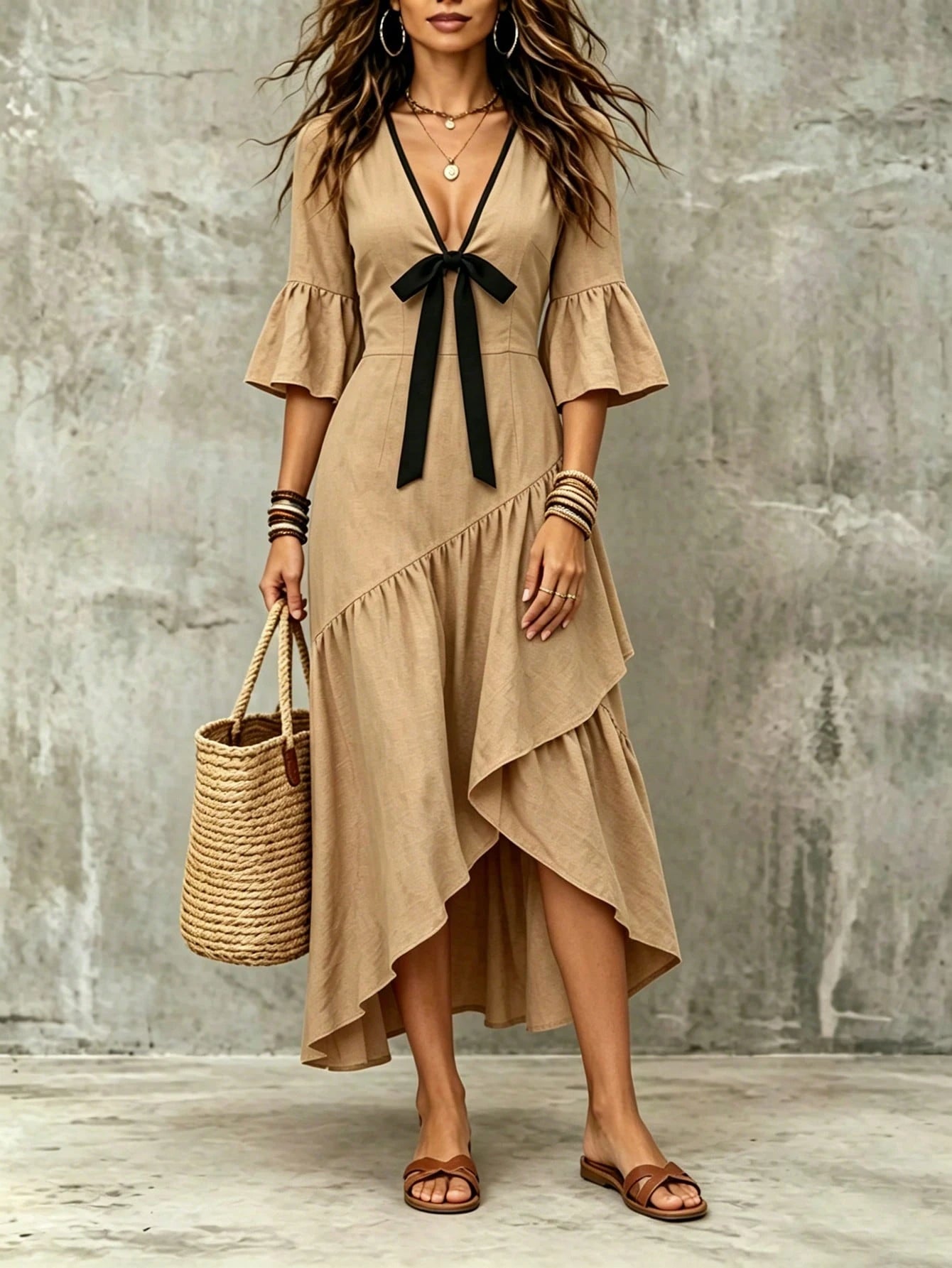 Holidaya Women's Summer Khaki Trim V-Neck Bow Tie Ruffle Short Sleeve
