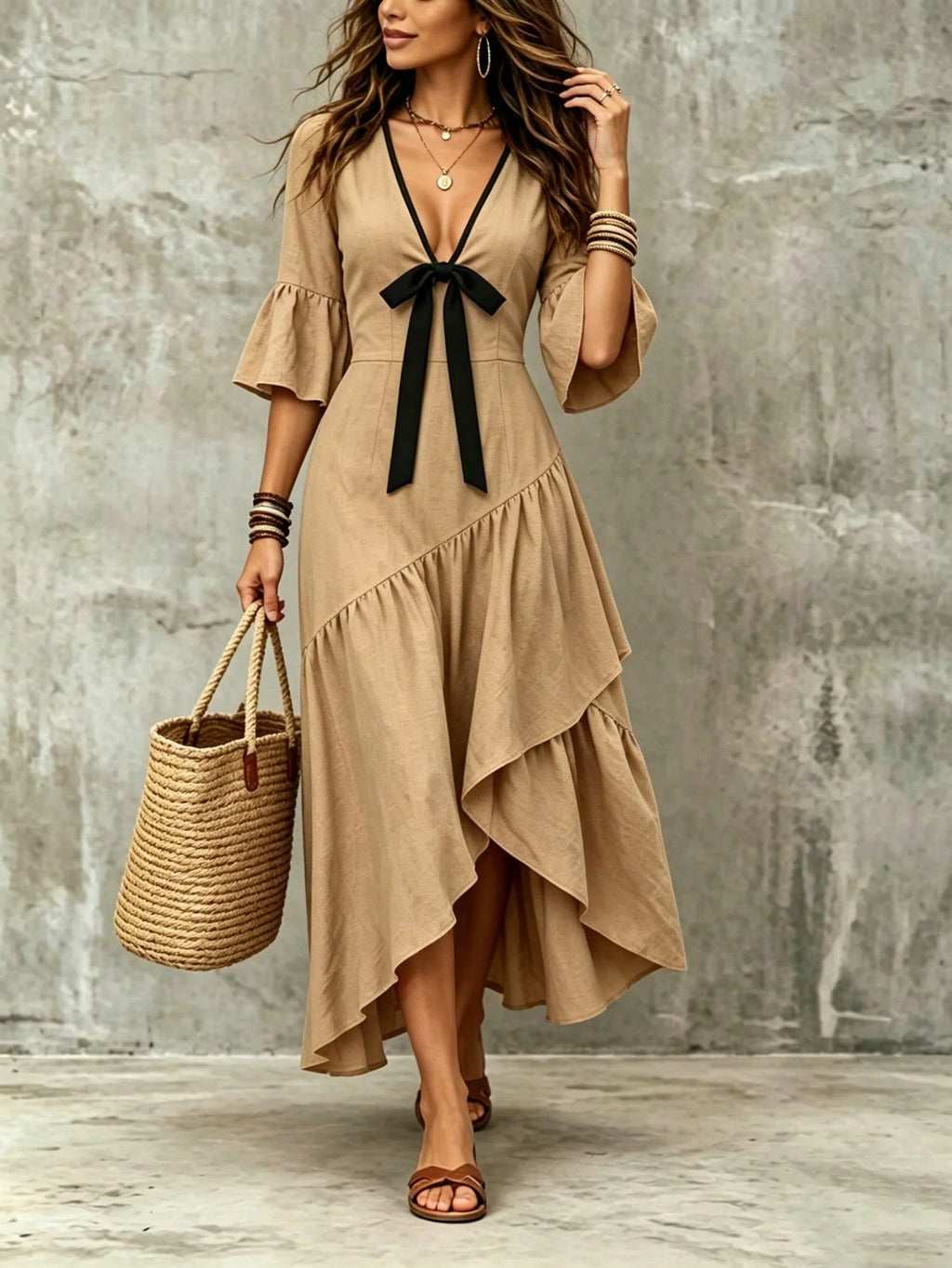 Holidaya Women's Summer Khaki Trim V-Neck Bow Tie Ruffle Short Sleeve