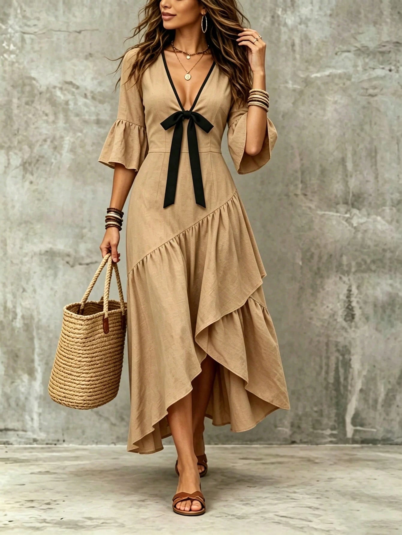 Holidaya Women's Summer Khaki Trim V-Neck Bow Tie Ruffle Short Sleeve